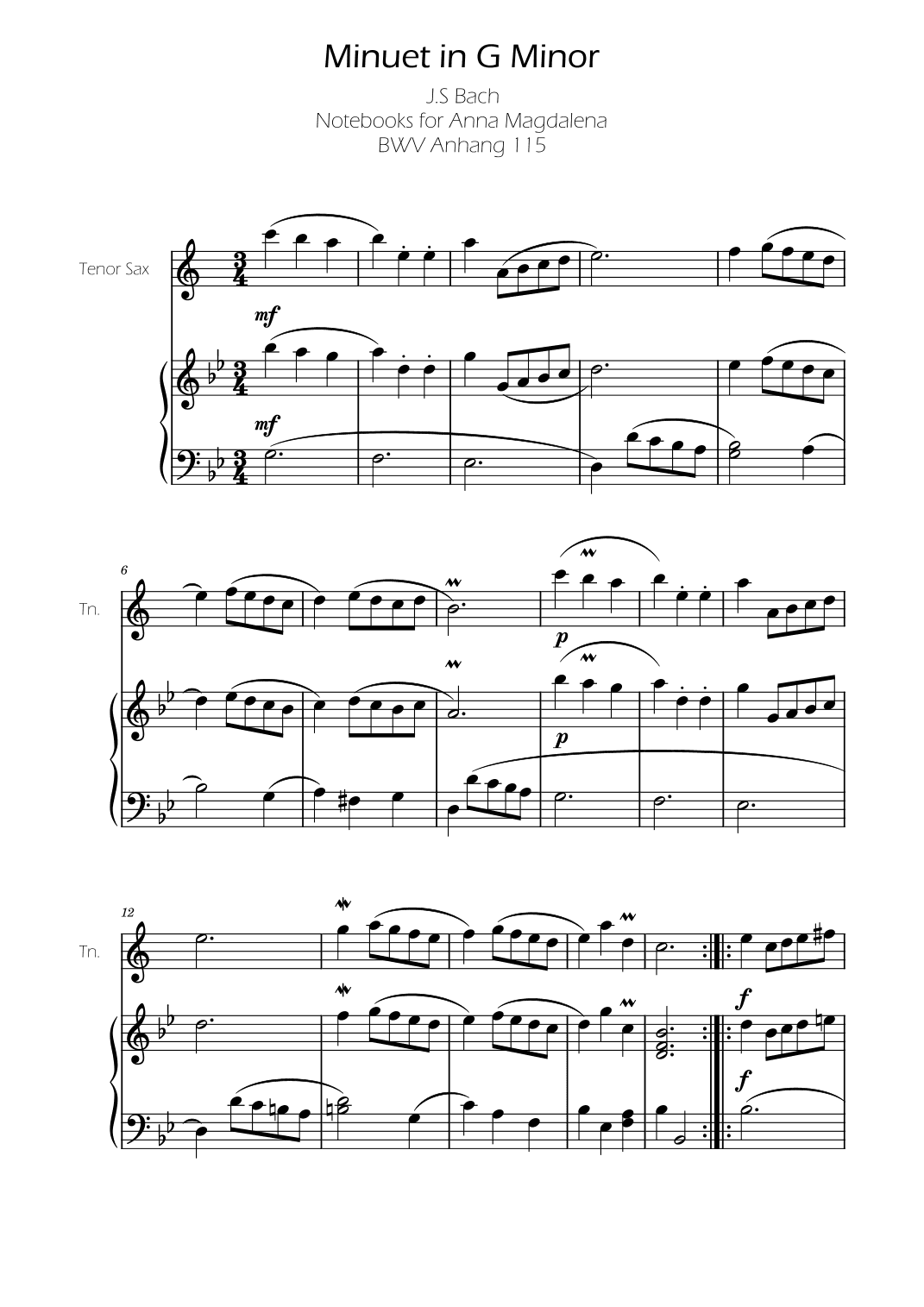 Minuet in G minor BWV Anh. 115 - Bach - Tenor Sax (arr. Ygor Nunes)