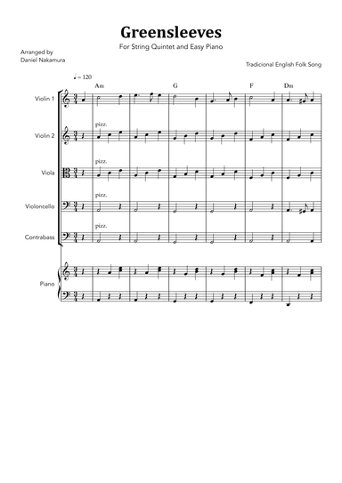 Greensleeves (For String Quintet and Easy Piano) (arr. Daniel Nakamura)