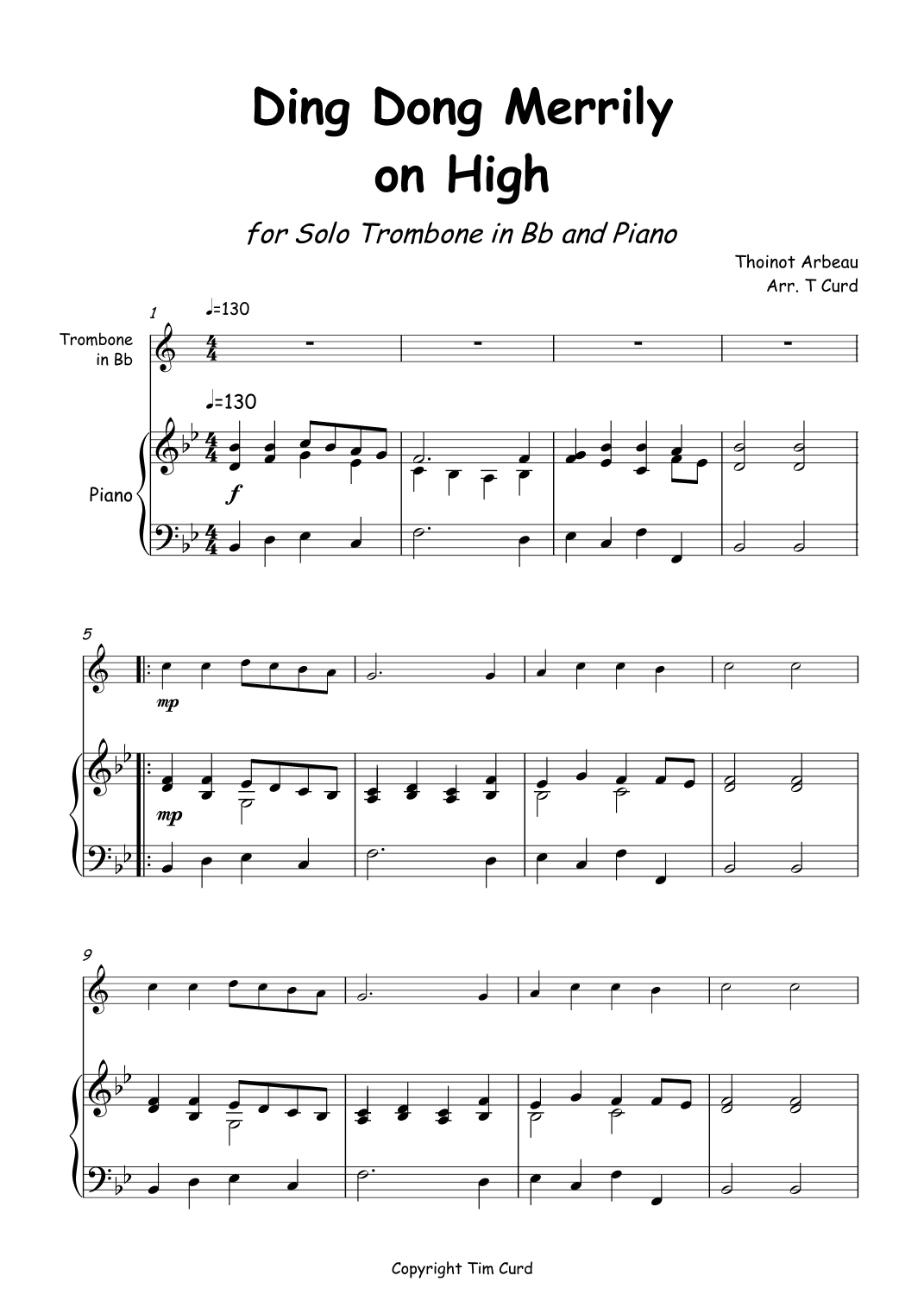 Ding Dong Merrily on High for Trombone in Bb and Piano (arr. Tim Curd)