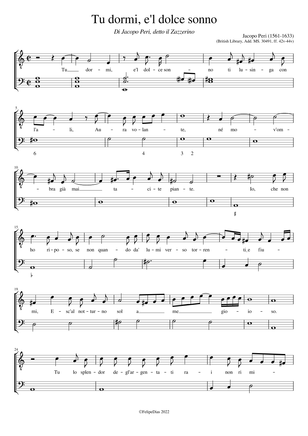 Tu dormi e'l dolce sonno (arr. Early Music Scores)