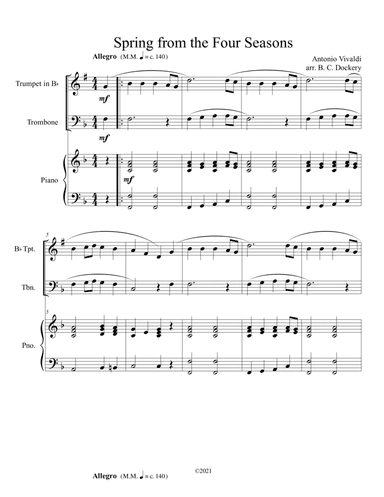 Spring from the Four Seasons (Trumpet and Trombone Duet) with piano accompaniment (arr. B. C. Dockery)