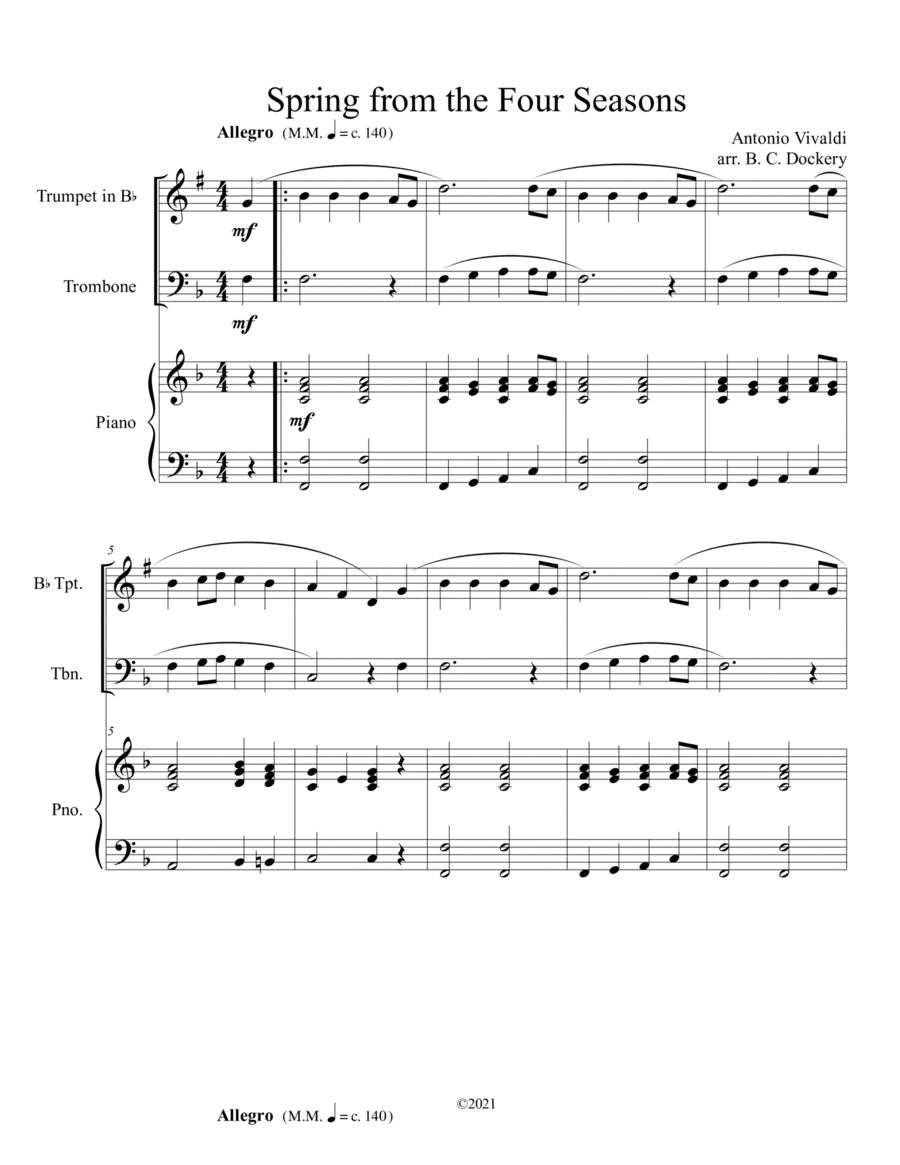 Spring from the Four Seasons (Trumpet and Trombone Duet) with piano accompaniment (arr. B. C. Dockery)