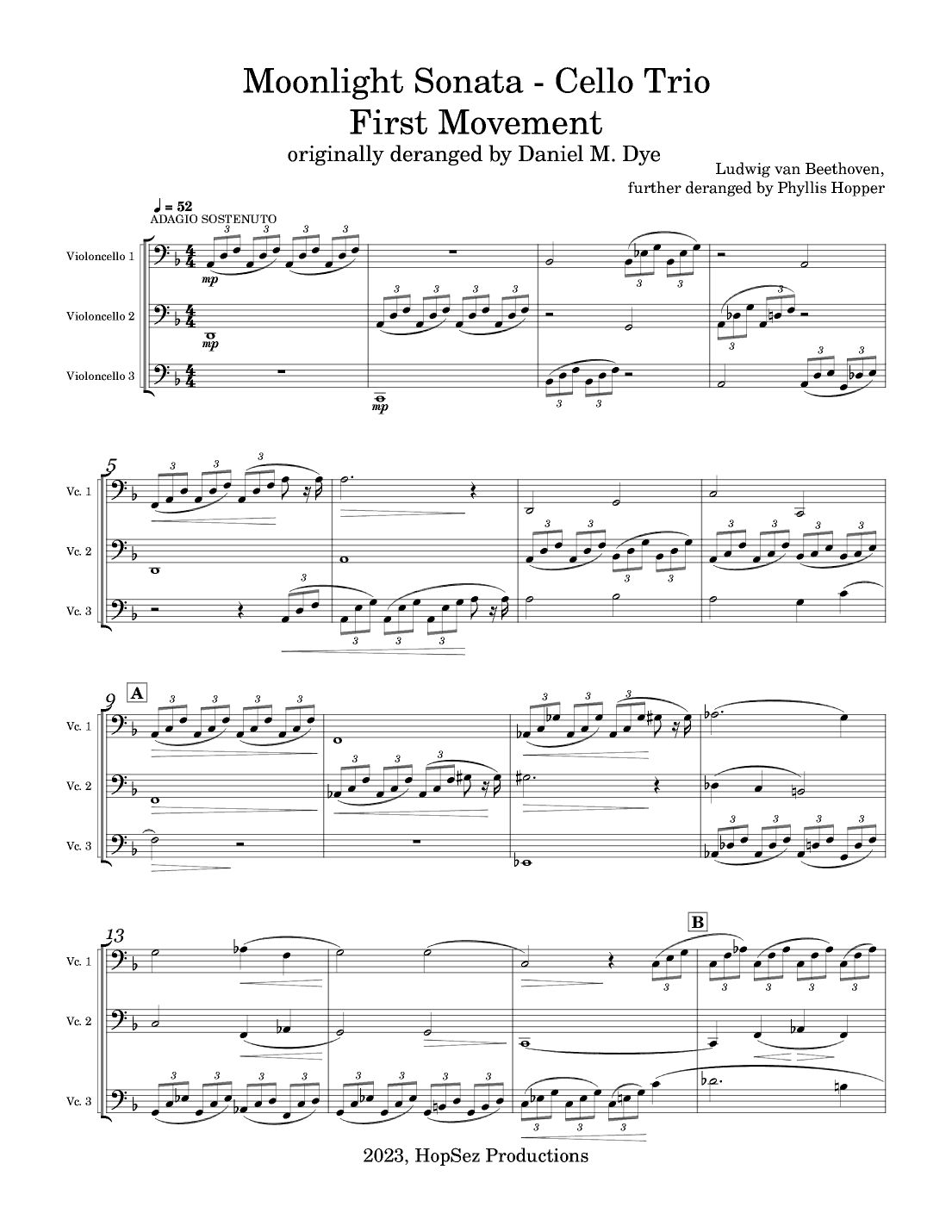 Moonlight Sonata mvt1 - D minor- cello trio (arr. Phyllis Hopper)