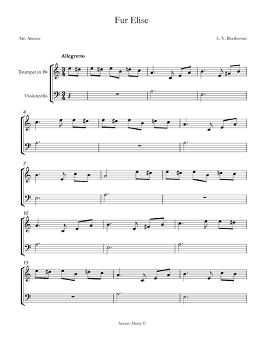beethoven fur elise trumpet and cello sheet music (arr. Arezzo Music)