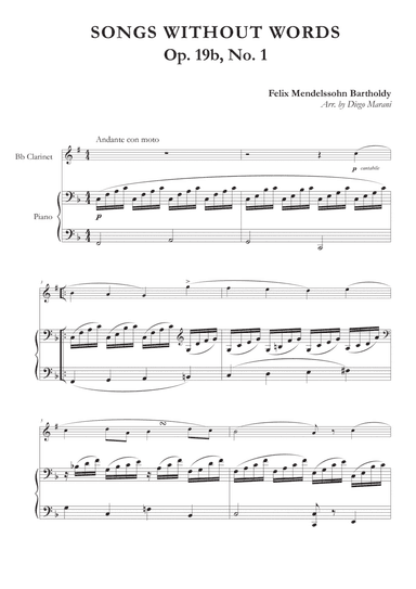 Song Without Words Op. 19 No. 1 for Clarinet and Piano (arr. Diego Marani)