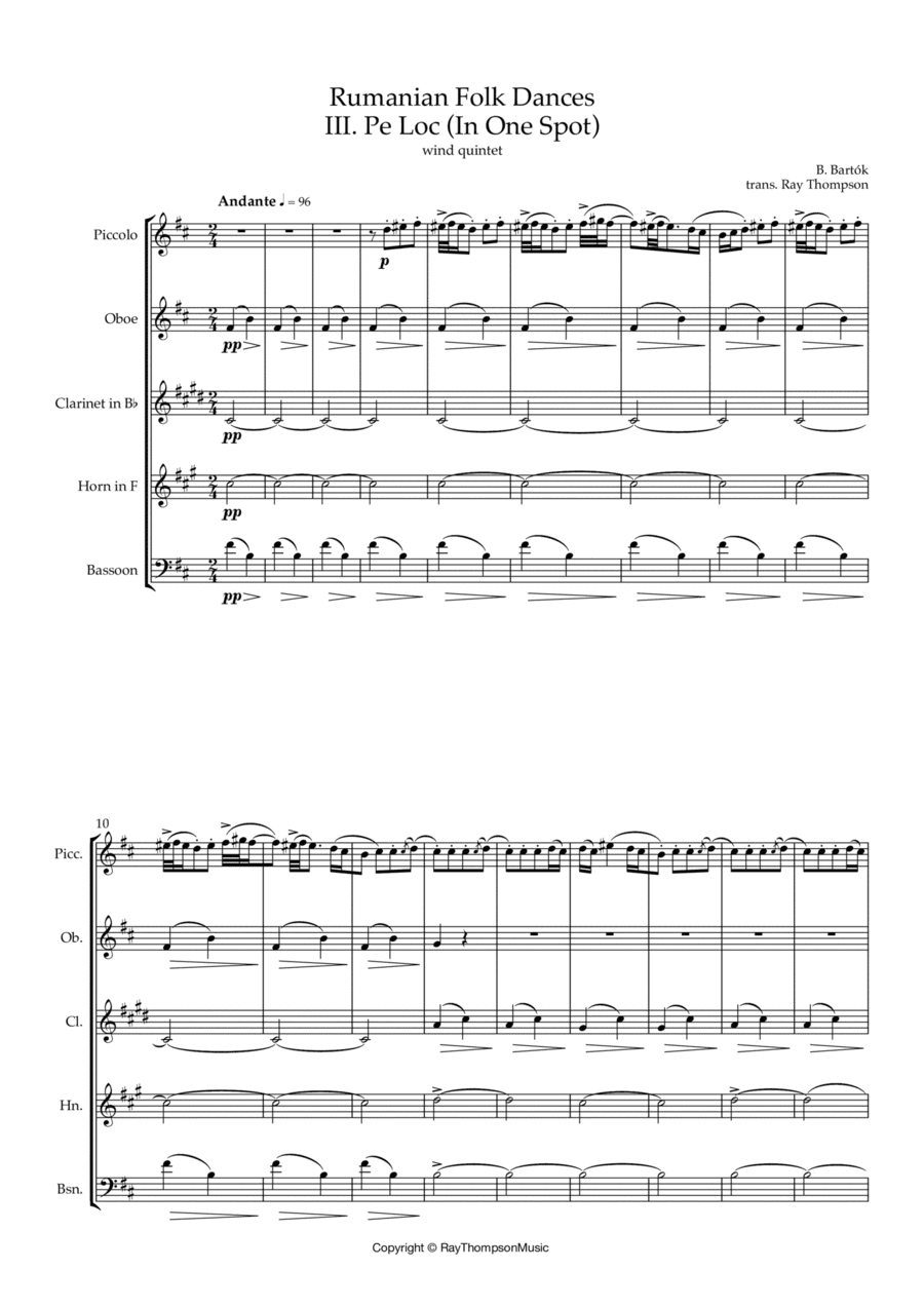 Bartók: Rumanian Folk Dances Sz.56 - 3 Pe Loc (In One Spot) - wind quintet (arr. Ray Thompson)