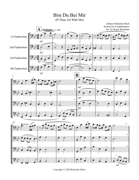 Bist Du Bei Mir (Euphonium Quartet - Bass Clef) (arr. Regis Bookshar)