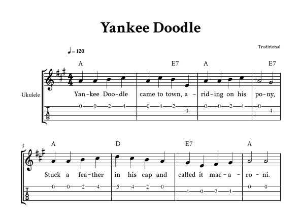 Yankee Doodle - For Ukulele (A Major - with TAB, Chords and Lyrics) (arr. Yuri Noronha)