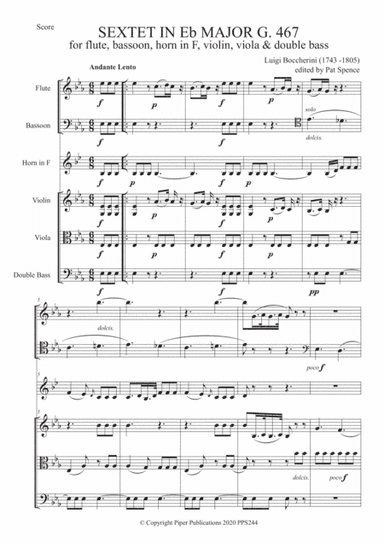 LUIGI BOCCHERINI: SEXTET IN Eb MAJOR G467 (arr. Edited by Pat Spence)