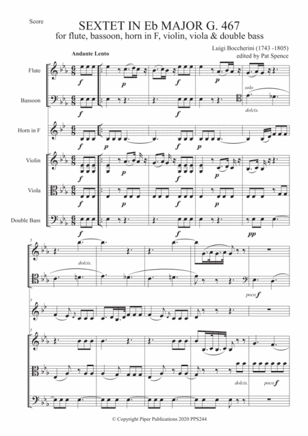 LUIGI BOCCHERINI: SEXTET IN Eb MAJOR G467 (arr. Edited by Pat Spence)