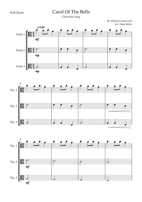 Carol Of The Bells (Christmas Song) for Viola Trio (arr. Fabio Britto)