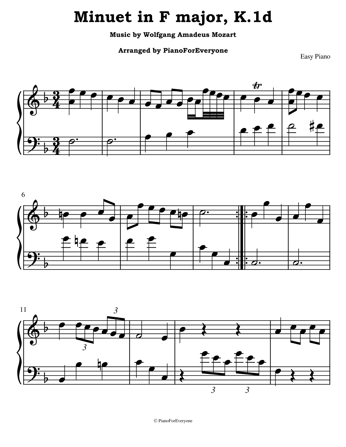 Minuet in F major, K.1d - Mozart (Easy Piano) (arr. PianoForEveryone)