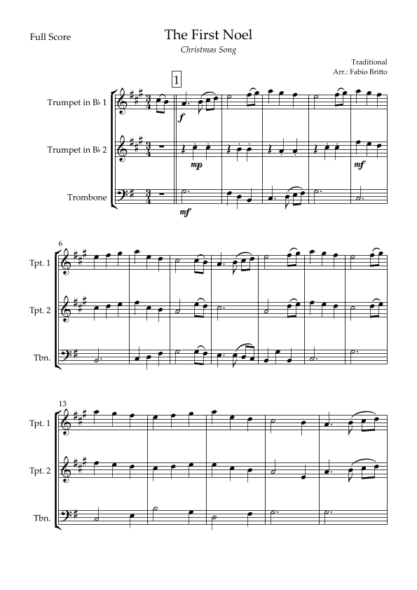 The First Noel (Christmas Song) for Brass Trio (arr. Fabio Britto)