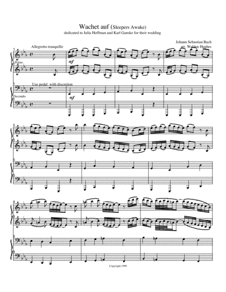 Bach's Wachet Auf (Sleeper's Awake) Piano Duet (1 Piano 4 Hands) (arr. Dr. Walden Hughes)
