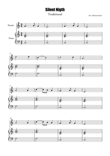 Silent Nigth - Piccolo Sheet Music to Beginners (arr. Edmarcelino)
