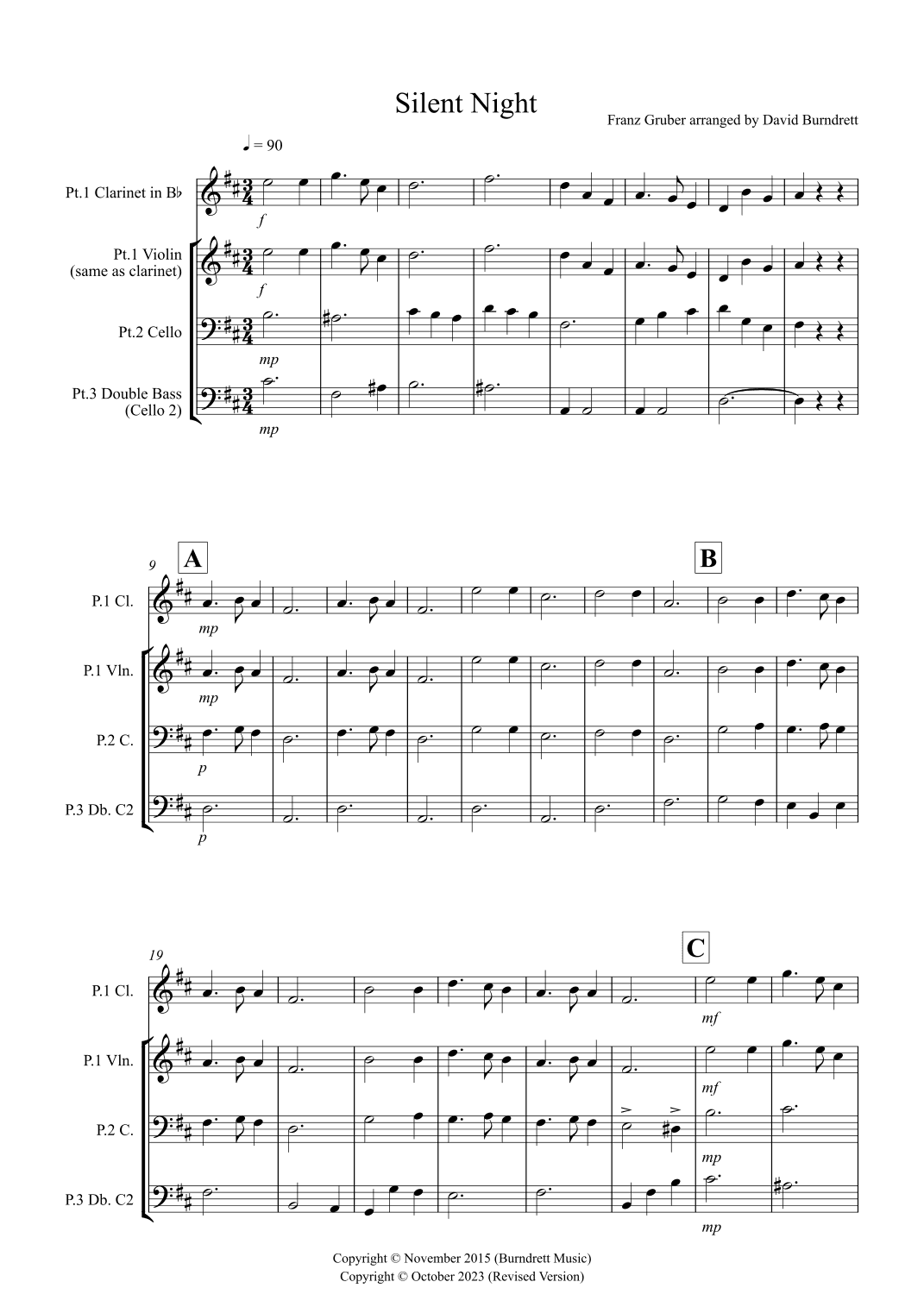 Silent Night for Clarinet or Violin, Cello and Double Bass (arr. David Burndrett)