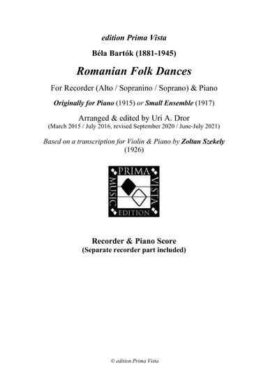 Bela Bartok, 6 Romanian Dances for Recorder & Piano (arr. Uri A. Dror - edition Prima Vista)