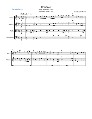RONDEAU by Mouret, String Quartet, Intermediate Level for 2 violins, viola and cello (arr. Sherry Lewis)