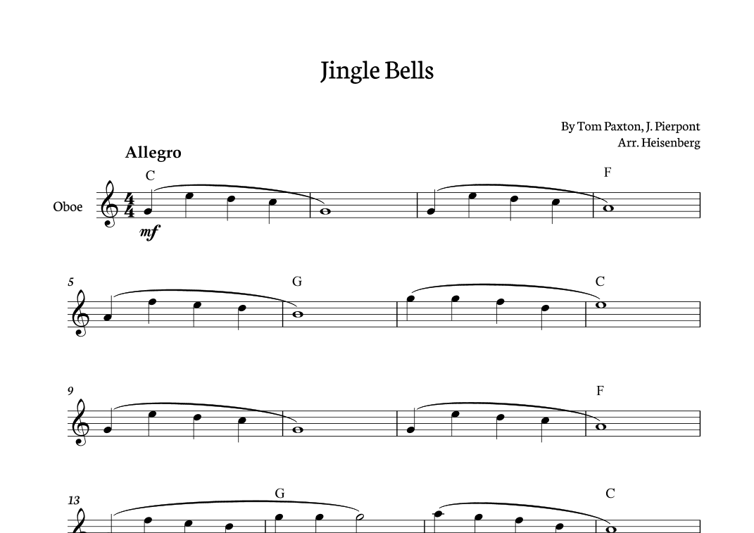 Jingle Bells for Oboe solo with chords (arr. Heisenberg)