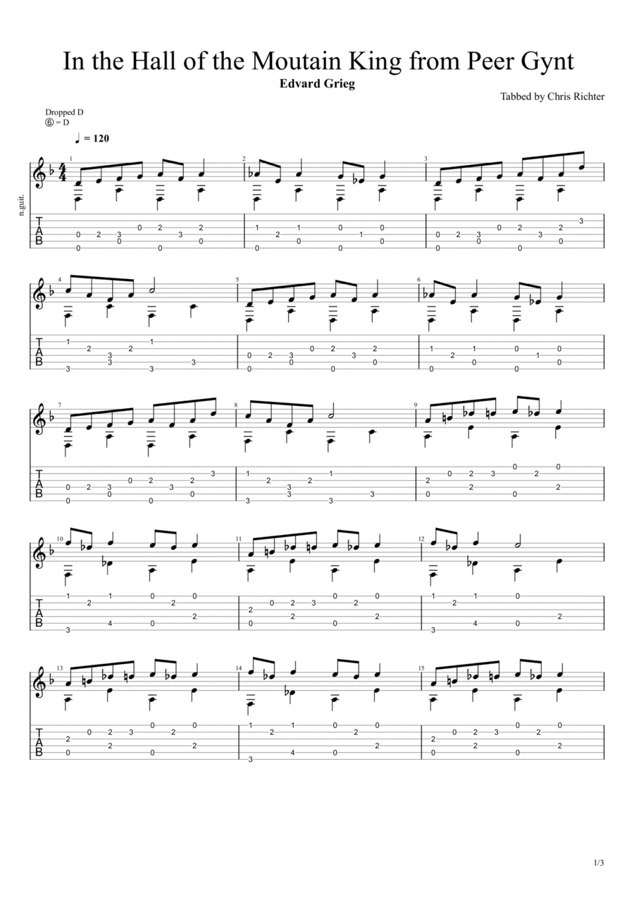 Peer Gynt Suite No. 1, Op. 46 IV. In the Hall of the Mountain King (Solo Fingerstyle Guitar Tab) (arr. Chris Richter)
