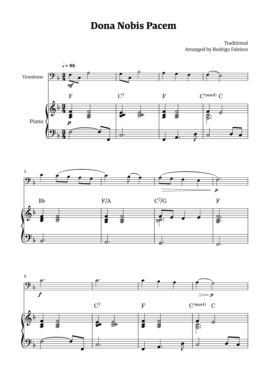 Dona Nobis Pacem - for trombone (with piano accompaniment with chords) (arr. Rodrigo Faleiros)
