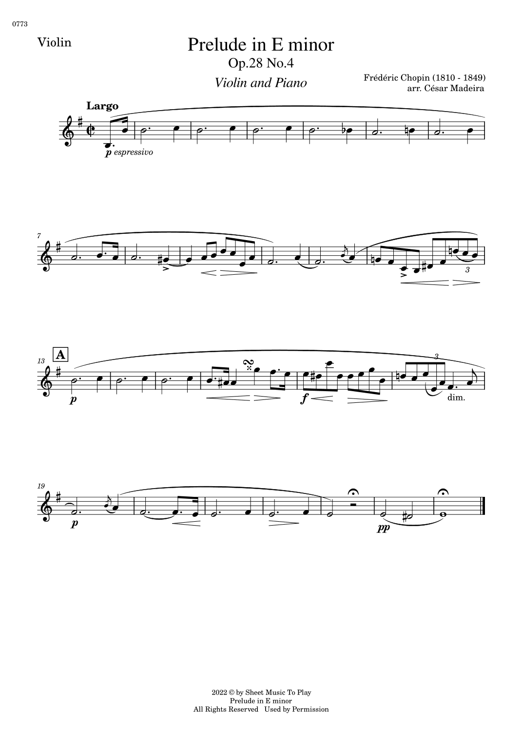 Prelude in E minor by Chopin - Violin and Piano (Individual Parts) (arr. César Madeira)