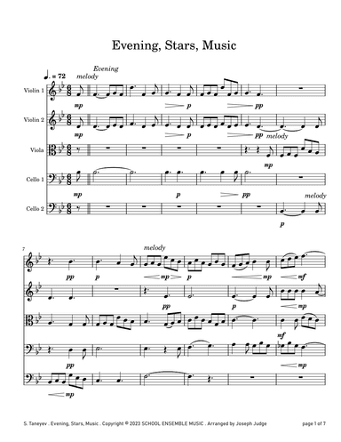 Evening Stars Music by Taneyev for String Quintet in Schools (arr. Joseph Judge)