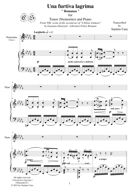 Donizetti-L'Elisir d'amore-Una furtiva lagrima (Act2) Tenor and piano (arr. Santino Cara)