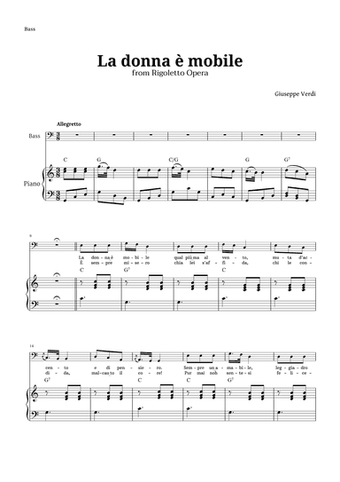 La donna è mobile in C major for Bass and Piano (arr. Langanho)