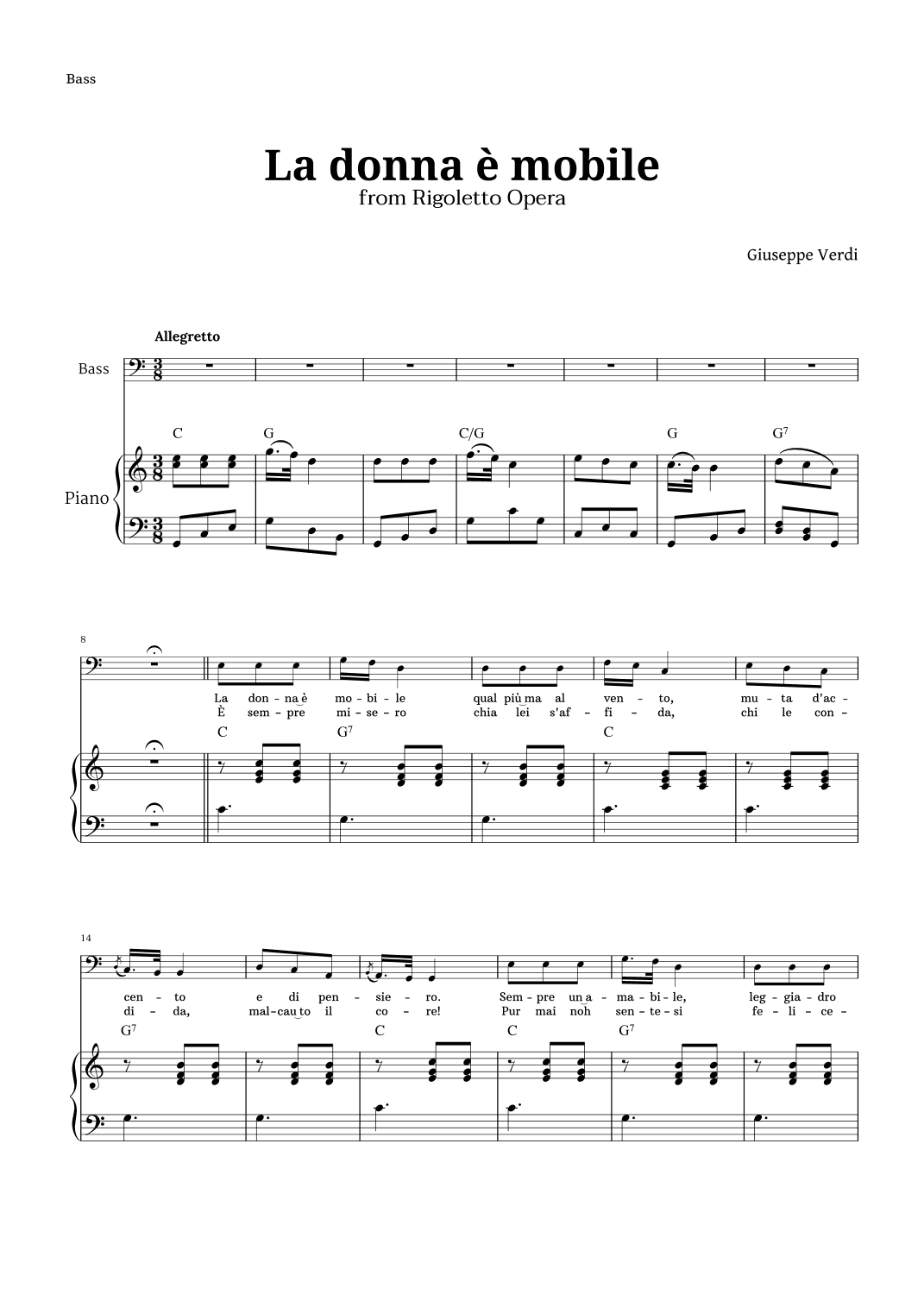 La donna è mobile in C major for Bass and Piano (arr. Langanho)