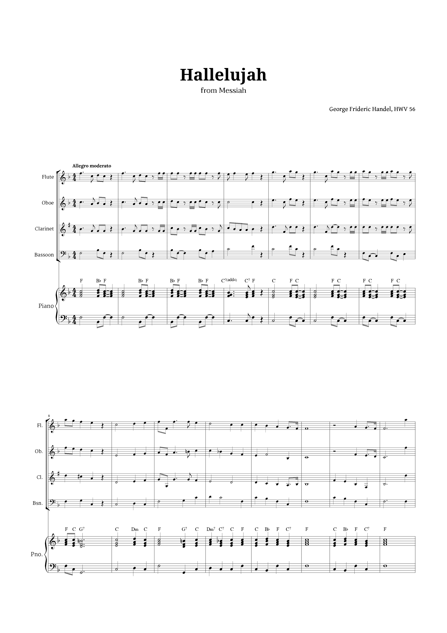 Hallelujah by Handel for Woodwind Quartet and Piano (arr. Langanho)