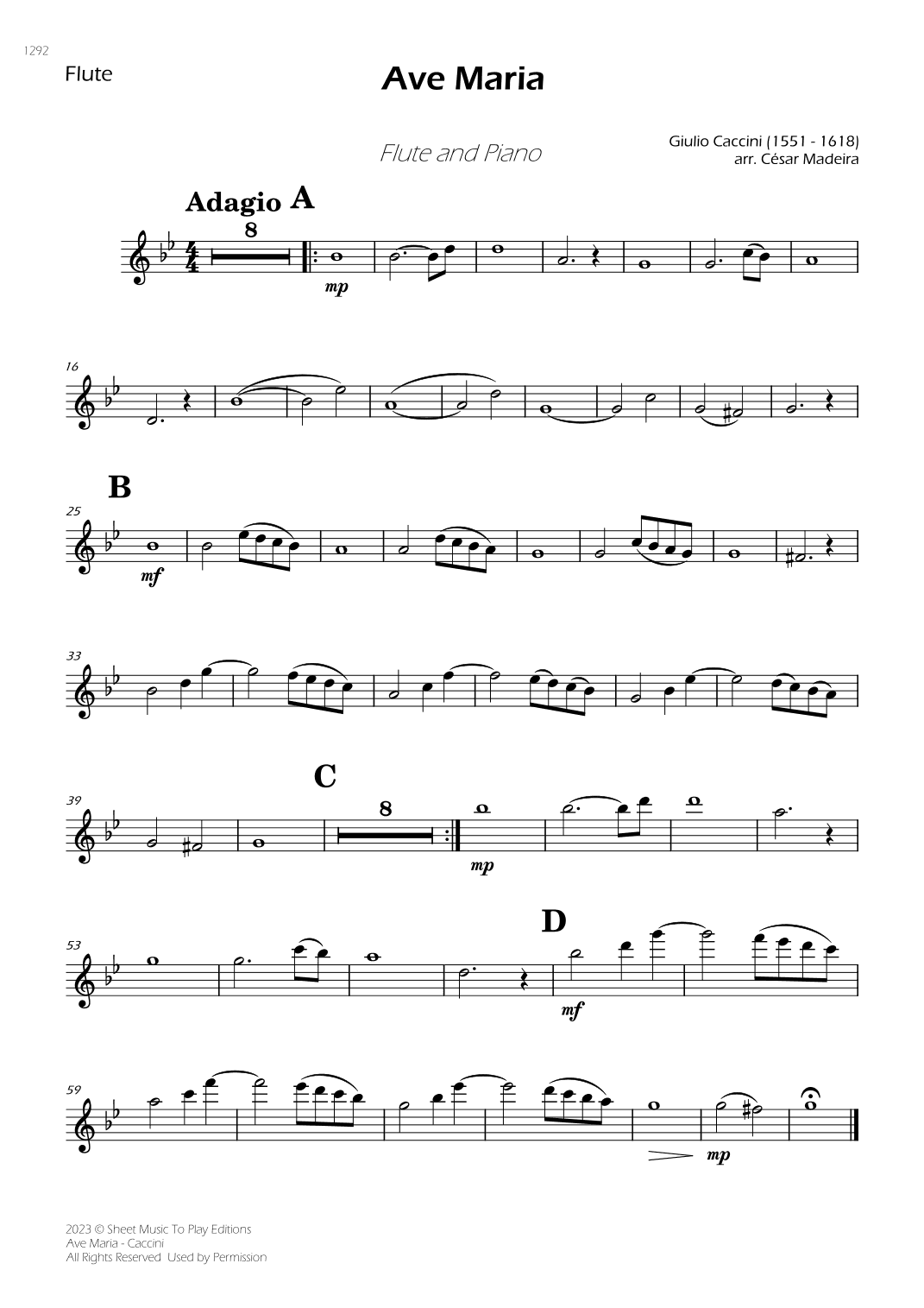 Caccini - Ave Maria - Flute and Piano (Individual Parts) (arr. César Madeira)