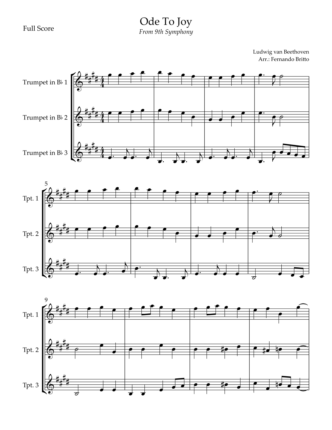 Ode To Joy Theme (from Beethoven's 9th Symphony) for Trumpet in Bb Trio (arr. Fernando Britto)
