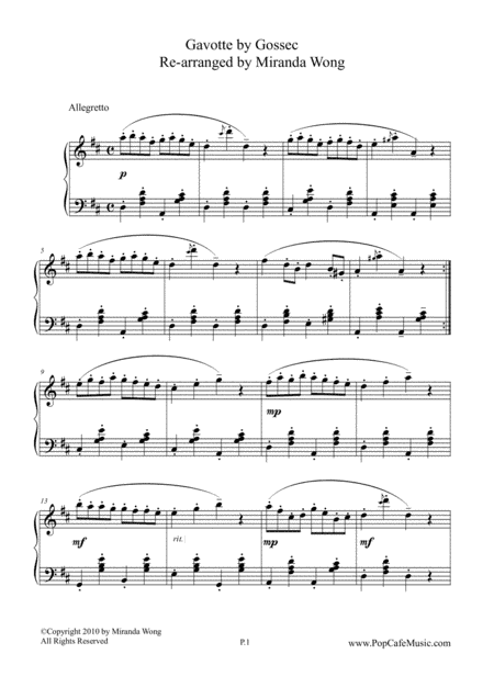 Gavotte by Gossec - Famous Classical Piano Solo (Intermediate Level) (arr. Miranda Wong)