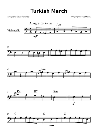 Turkish March by Mozart - Cello Solo with Chord Notations (arr. Glauco Fernandes)