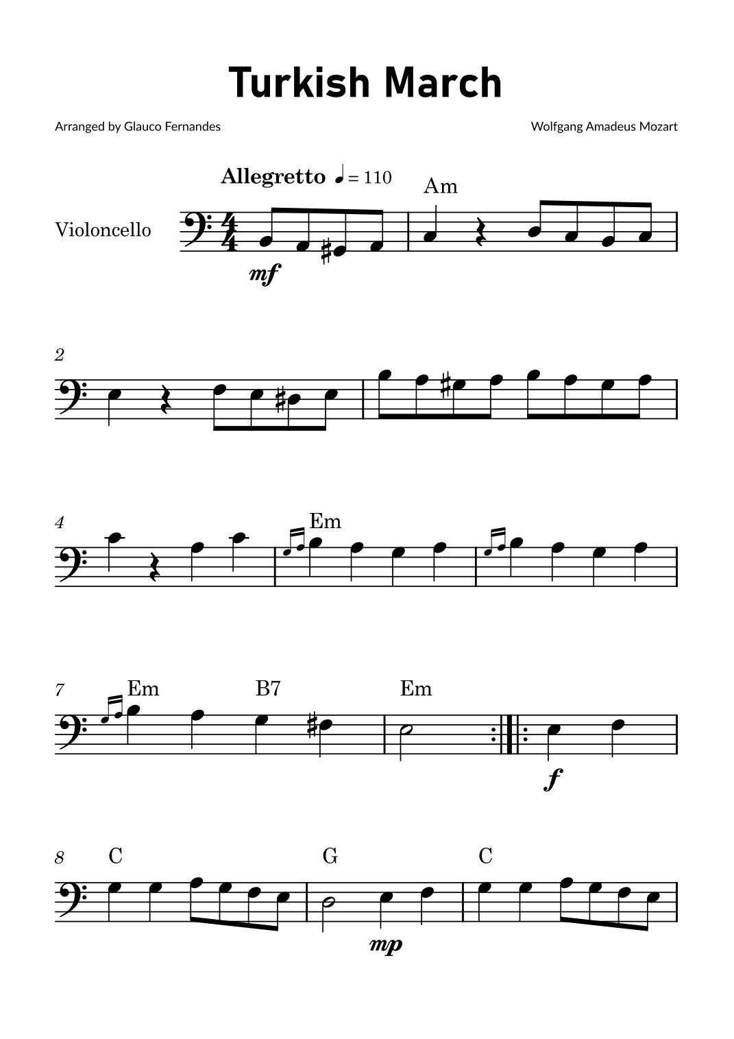 Turkish March by Mozart - Cello Solo with Chord Notations (arr. Glauco Fernandes)