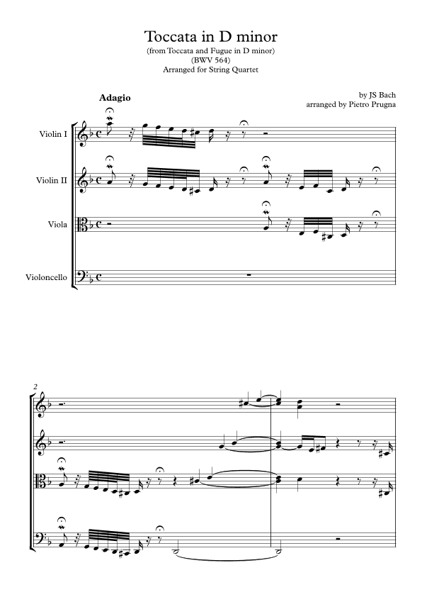 Toccata (from Toccata and Fugue in D minor) (BWV 564) by JS Bach - arranged for String Quartet (arr. Pietro Prugna)