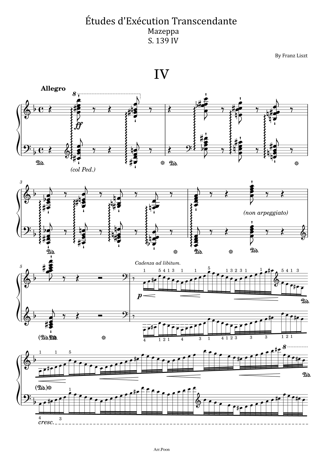 Liszt- Mazeppa S. 139 Transcendental E´tude No.4 - Original With Fingered For Piano Solo (arr. poon)
