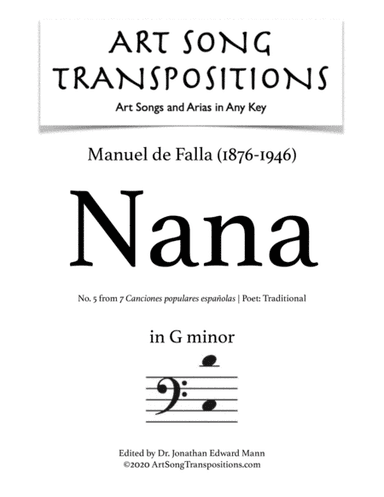FALLA: Nana (transposed to G minor, bass clef) (arr. ArtSongTranspositions.com)