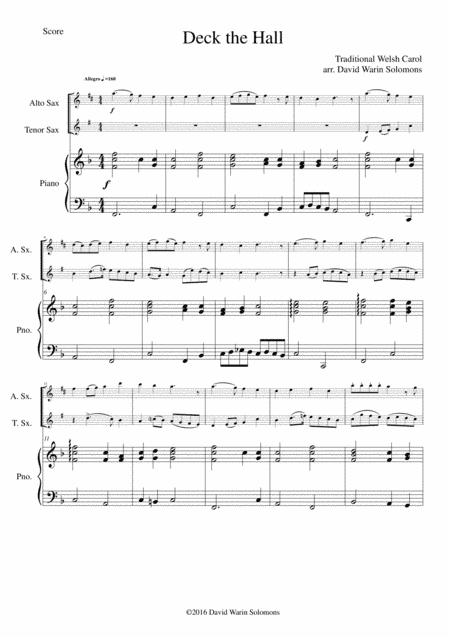 Deck the Hall for alto saxophone, tenor saxophone and piano (arr. David Warin Solomons)