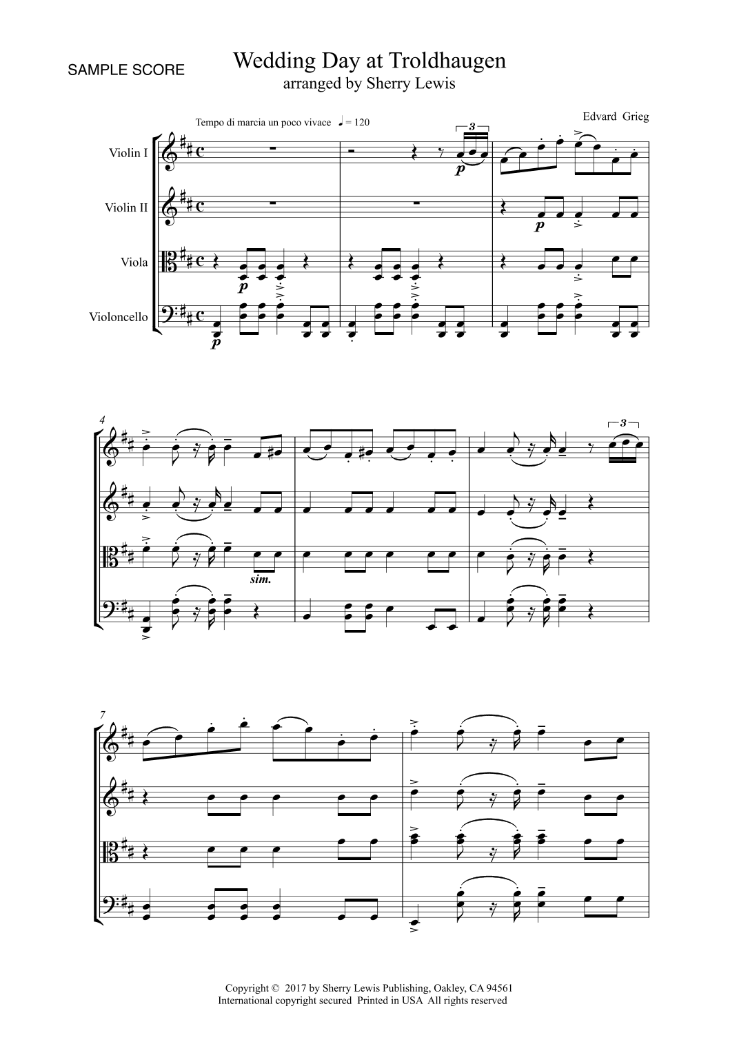 WEDDING DAY AT TROLDHAUGEN String Quartet, Intermediate Level for 2 violins, viola and cello (arr. Sherry Lewis)