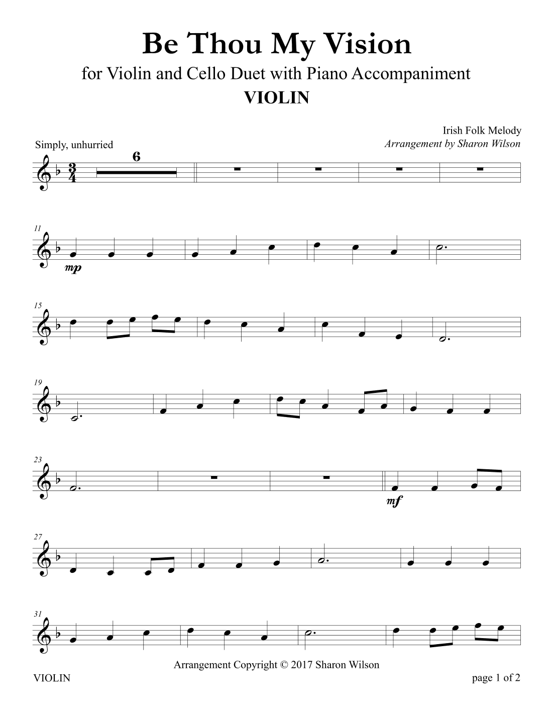 Be Thou My Vision (Violin and Cello Duet with Piano Accompaniment) (arr. Sharon Wilson)