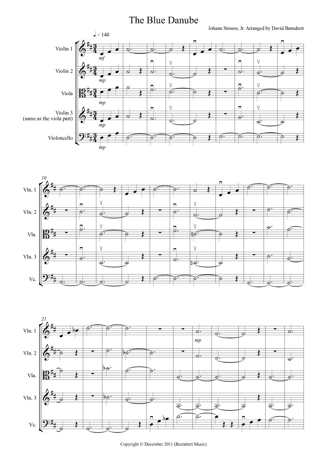 The Blue Danube for String Quartet (arr. David Burndrett)