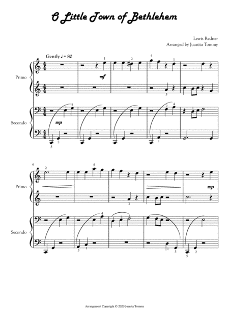 O Little Town of Bethlehem (1 piano, 4 hands) (arr. Juanita Tommy)