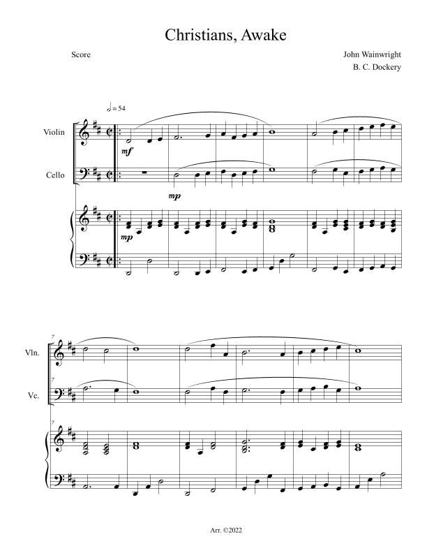 Christians Awake (Violin and Cello Duet with Piano Accompaniment) (arr. B. C. Dockery)