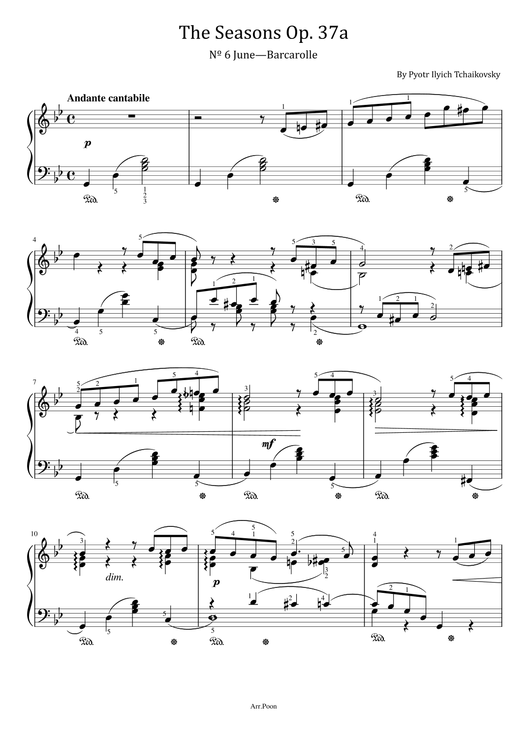 Tchaikovsky - The Seasons, Op. 37a No.6 - June, Barcarolle - Original With Fingered (arr. poon)