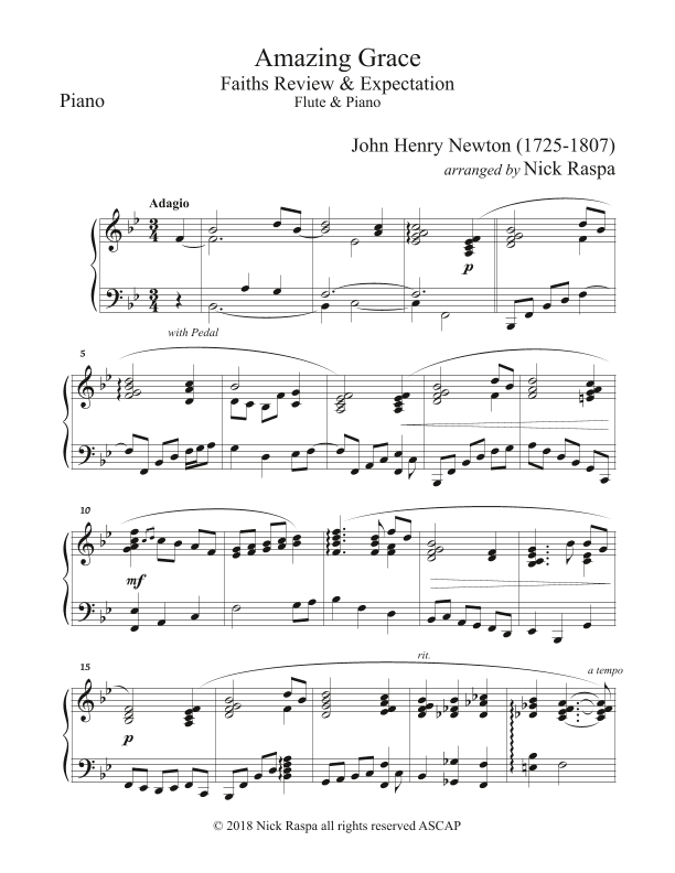 Amazing Grace (Flute & Piano) Piano part (arr. Nick Raspa)