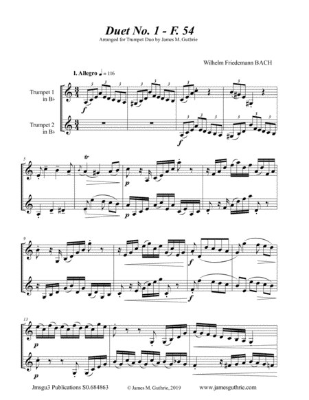WF Bach: The Six Duets Complete for Trumpet Duo (arr. James M. Guthrie, ASCAP)