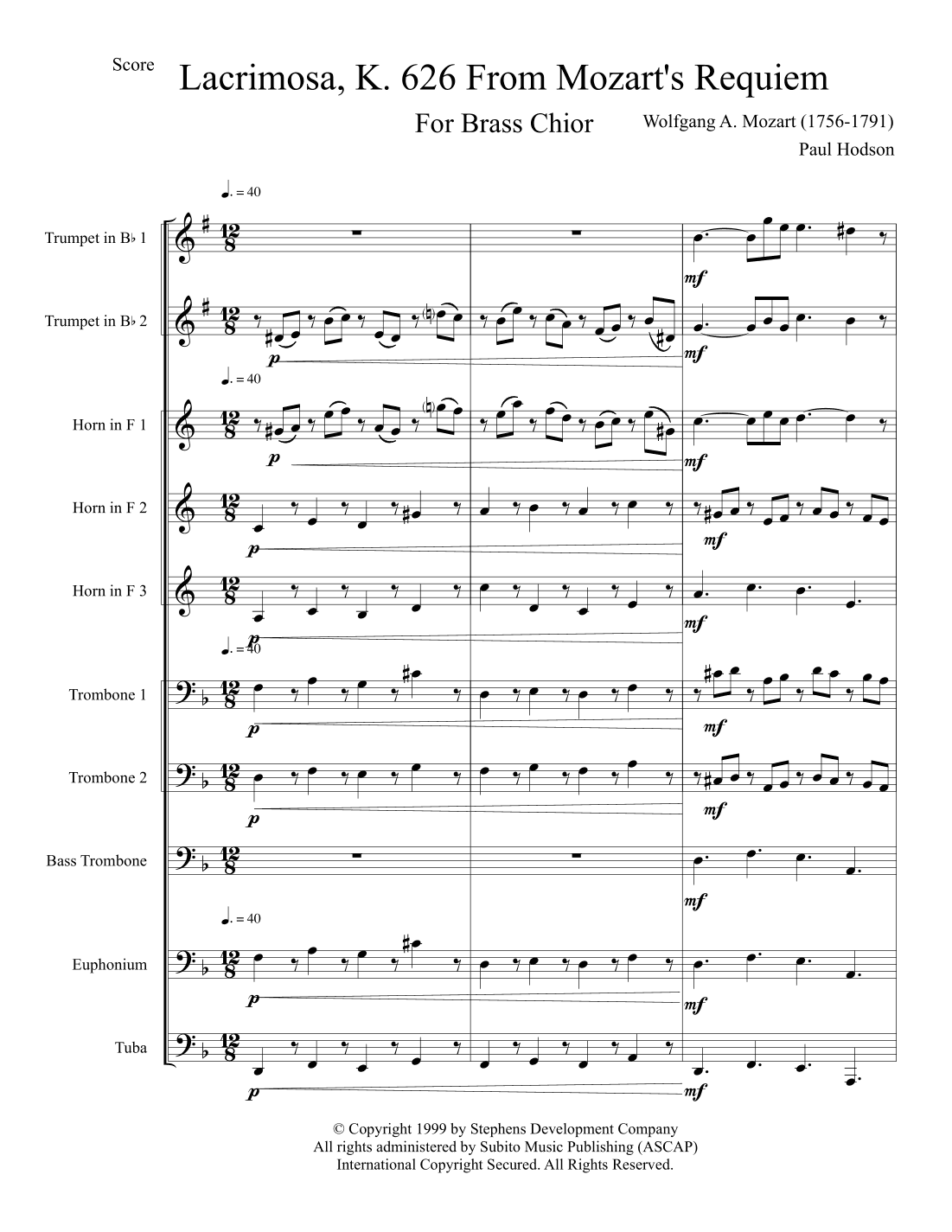 Lacrimosa K. 626 From Mozart's Requiem Mass in D Minor (arr. Paul E. Hodson II)