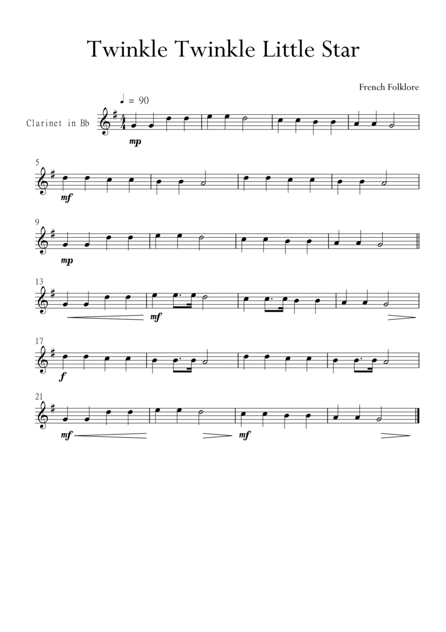 Twinkle Twinkle Little Star for Clarinet in F Major. Very Easy. (arr. Matheus Araújo)